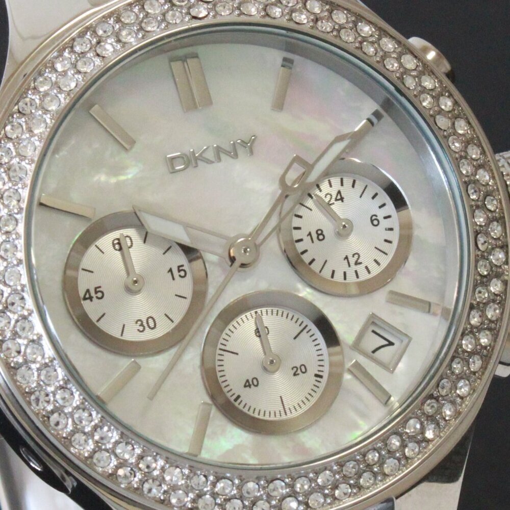 DNKY Women's Chronograph Crystal Bezel Mother Of Pearl Dial Silicone Strap 38mm - Picture 13 of 14